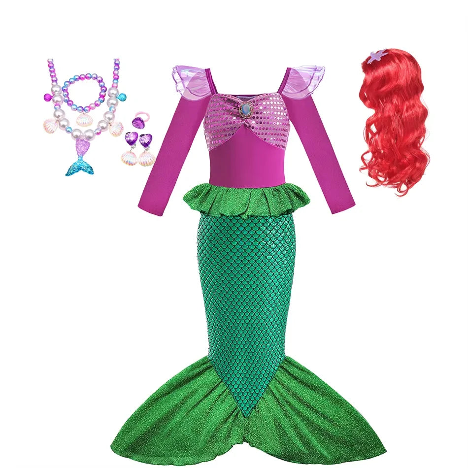 Ariel Little Mermaid Short Sleeve Tulle Dress for Girls Cosplay Princess Costume Carnival Birthday Party Outfit 2-8Y Vestido