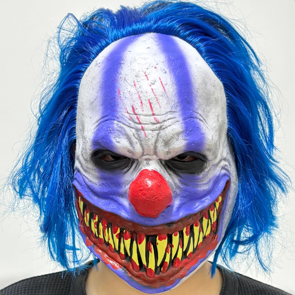 Scary Evil Clown Latex Mask With Blue Wig, Sharp Fangs Horror Mask,