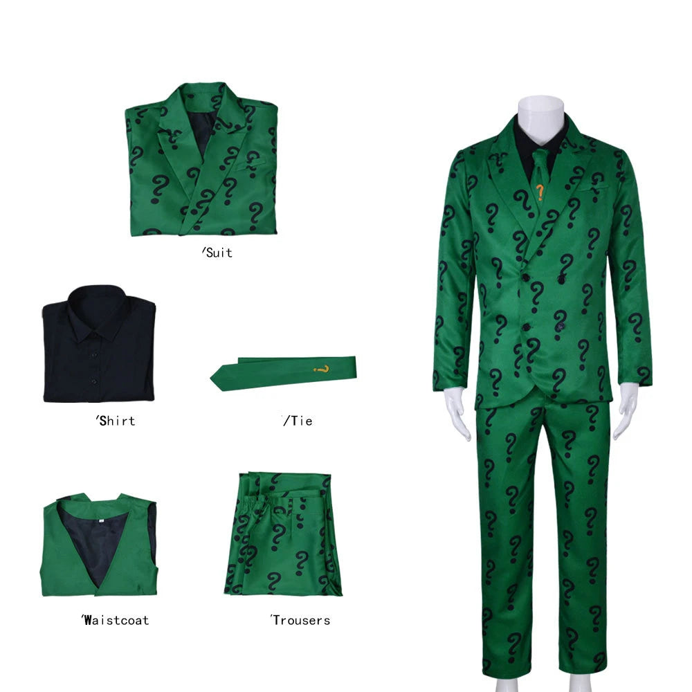 Halloween Costume Villains Riddler Costume Joker Outfit with Hat Adult Men Green Jacket - SET / L