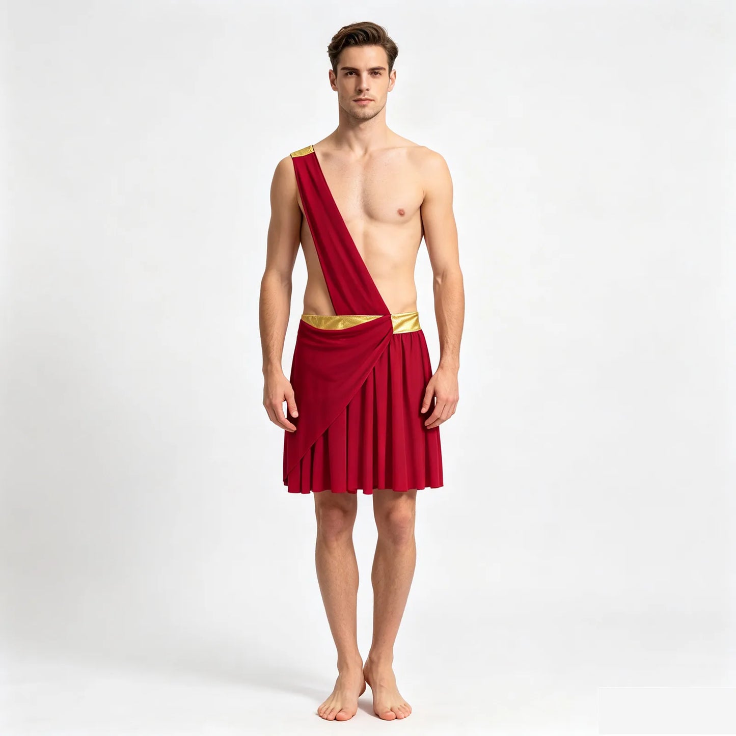 Men's Halloween Ancient Greek Roman Theme Toga Costume One Shoulder Strap Waistband Ruffle - Blue / 3XL