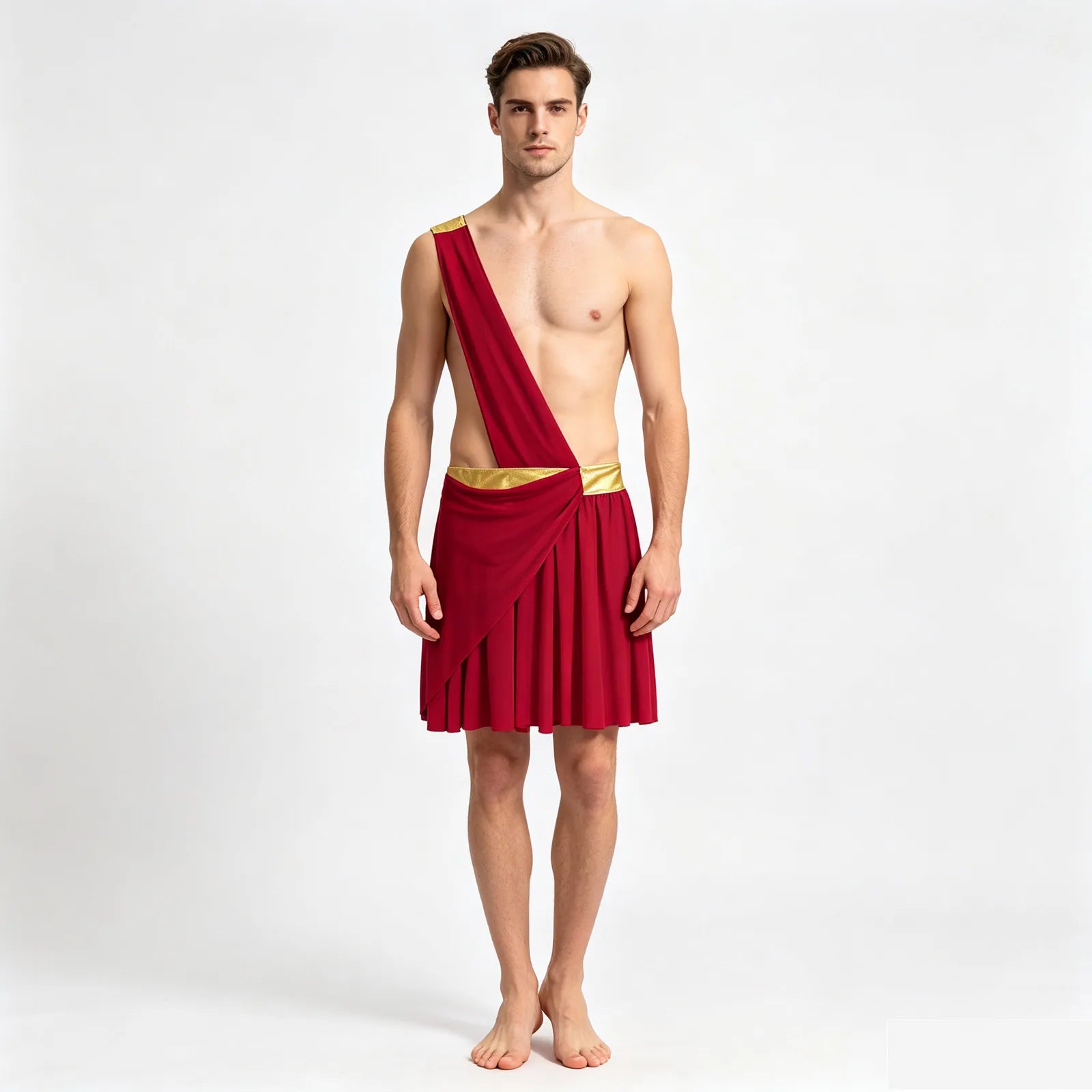Men's Halloween Ancient Greek Roman Theme Toga Costume One Shoulder Strap Waistband Ruffle - Blue / 3XL