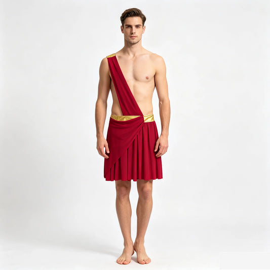 Men's Halloween Ancient Greek Roman Theme Toga Costume One Shoulder Strap Waistband Ruffle - Blue / 3XL