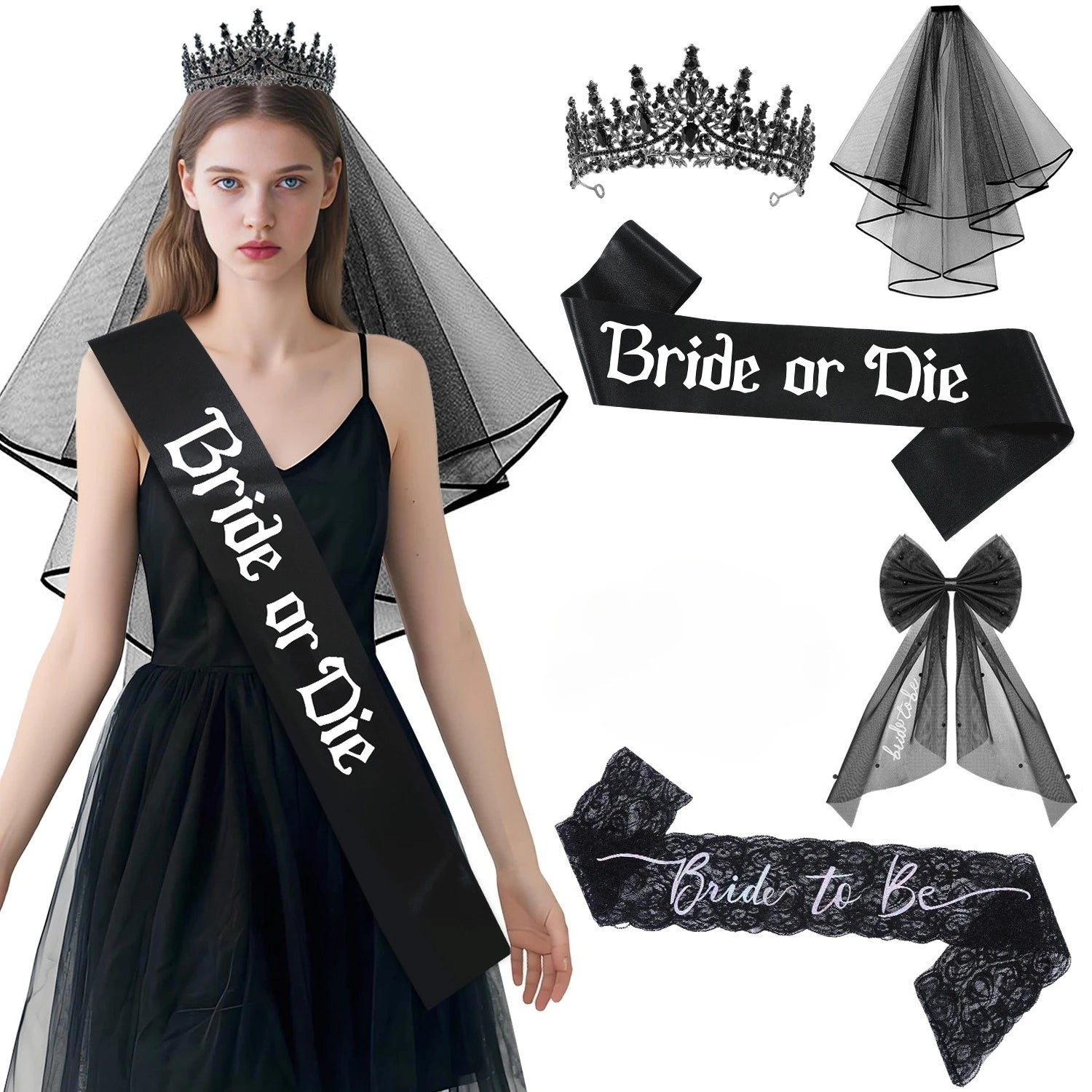 Bride Bachelorette Party Decoration Set Bride Crown Veil Sash for Black - product image 4
