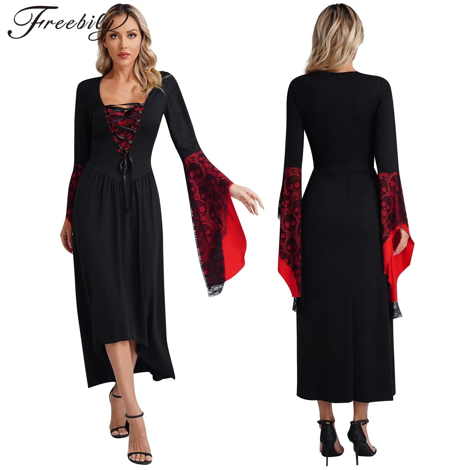 Womens Halloween Medieval Renaissance Cosplay Dress Flare Sleeve Skull Lace High-Low Hem Retro Witch Gothic - product image 1