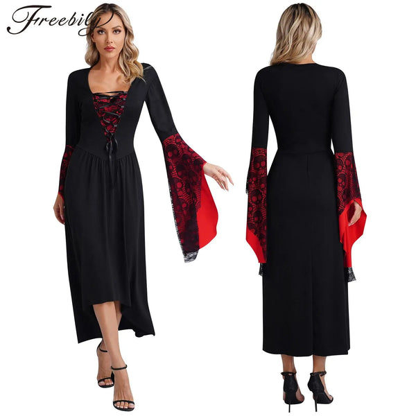 Womens Halloween Medieval Renaissance Cosplay Dress Flare Sleeve Skull Lace High-Low Hem Retro Witch Gothic - product image 1