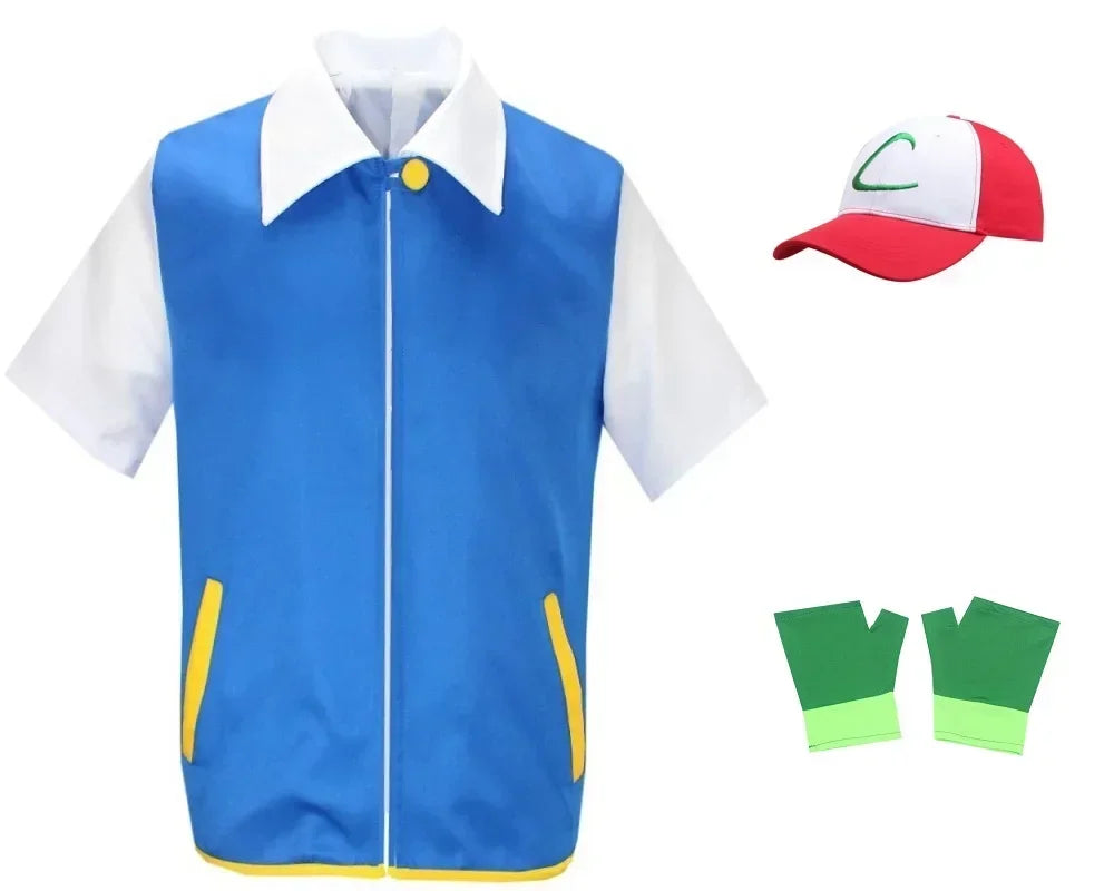 Adult Ash Ketchum Costume for Halloween Men Anime Trainer Costume Women Blue Jacket Cap - top hat gloves / M