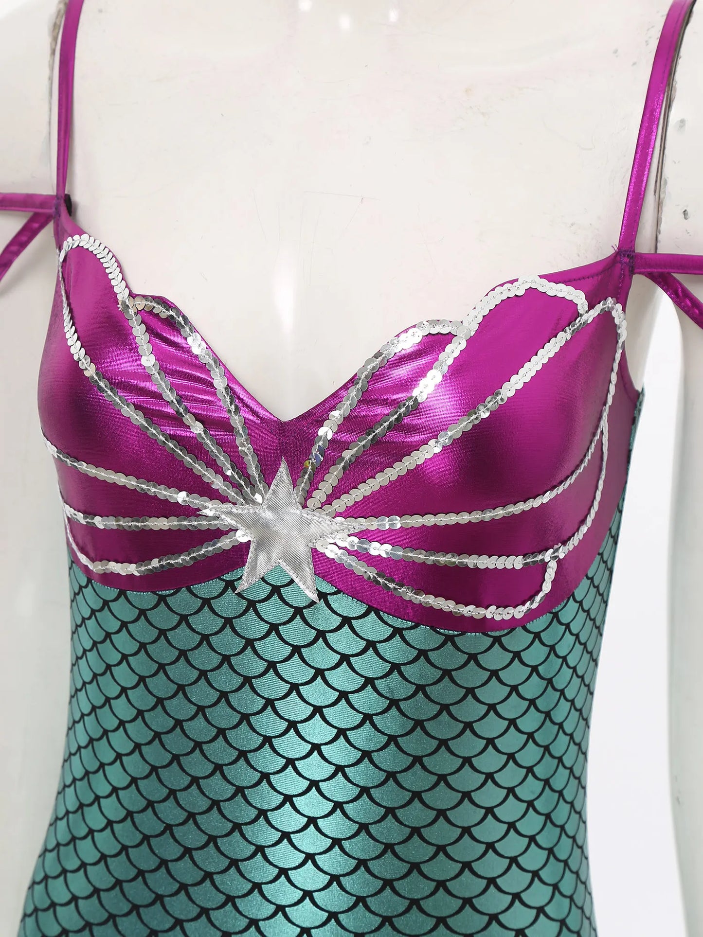 Women Halloween Theme Mermaid Princess Costume Sequin Metallic Shiny Fish Scales Print - Purple / S