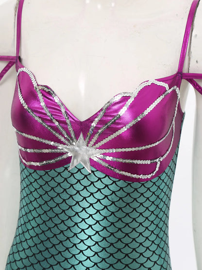 Women Halloween Theme Mermaid Princess Costume Sequin Metallic Shiny Fish Scales Print - Purple / S