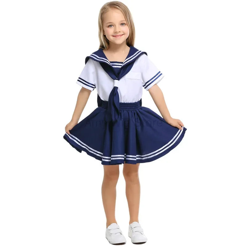Halloween Kids Sailor Costume Dress Anime Japanese School Uniform Shirt Skirt Bow Tie - PS9113girl / 140-150