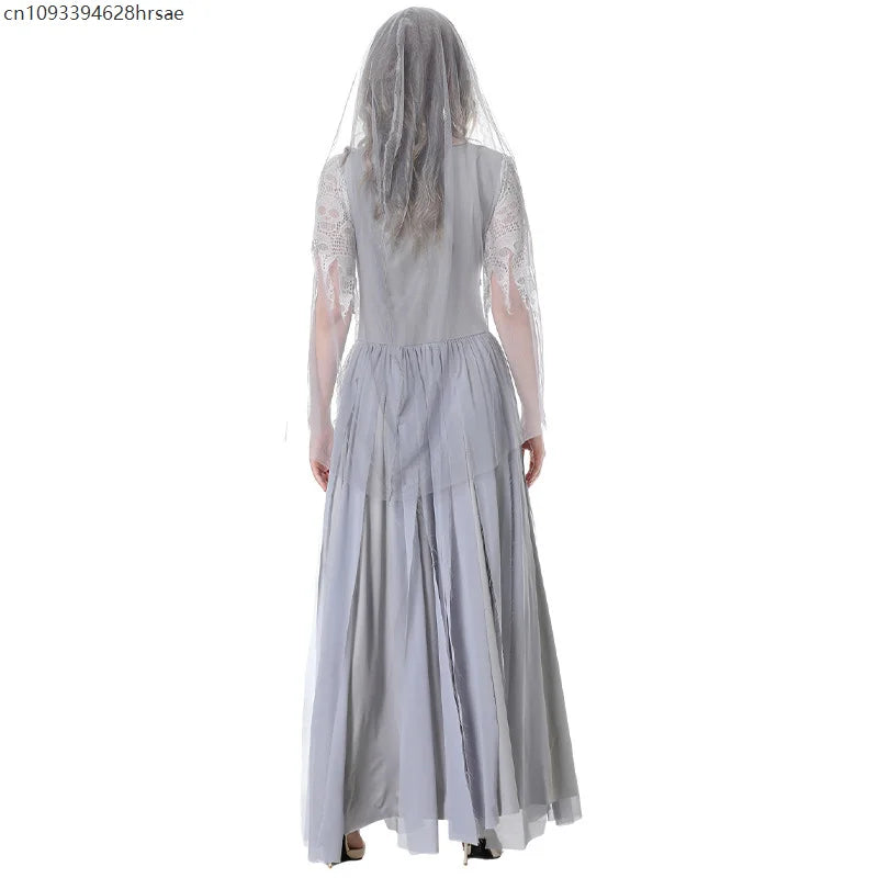 Women Ghost Bride Halloween Costume With Veil Skull Lace Red Rose Gothic - product image 3