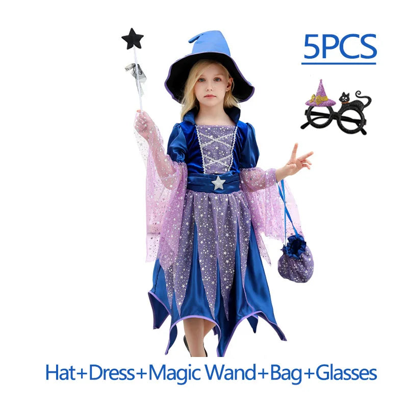 Kids Halloween Witch Costume for Girls Evil Lovely Witch Vestidos Set Dress Hat Magic Wand - Dress 1 / 3T(TAG 110)