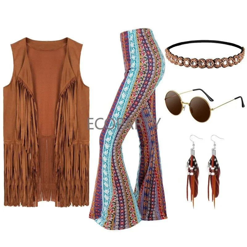 70s Costume for Women Disco Outfits Hippie Accessories Fringe Vest Boho Flared Pants Set New Style Cosplay - product image 4