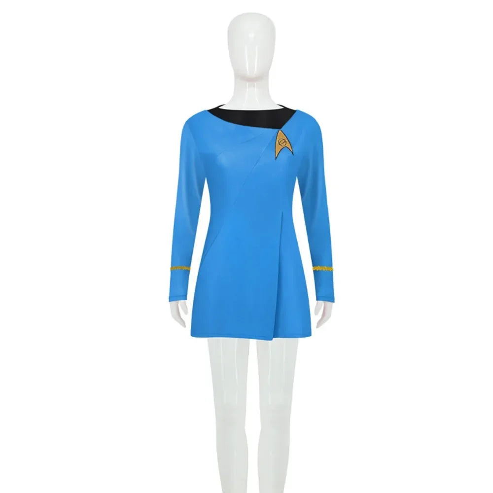 Star Costume Trek Duty Uniform TOS Red Yellow Blue Dress Costume Halloween for Women Badge - Blue dress / M