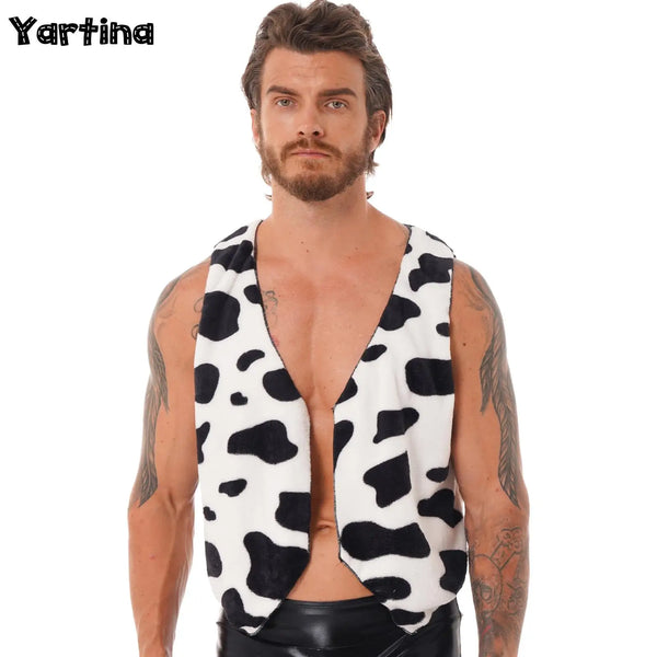 Men's Hippie Cowboy Cardigan Tops Cow Print Vest Top Flannel Waistcoat Costume