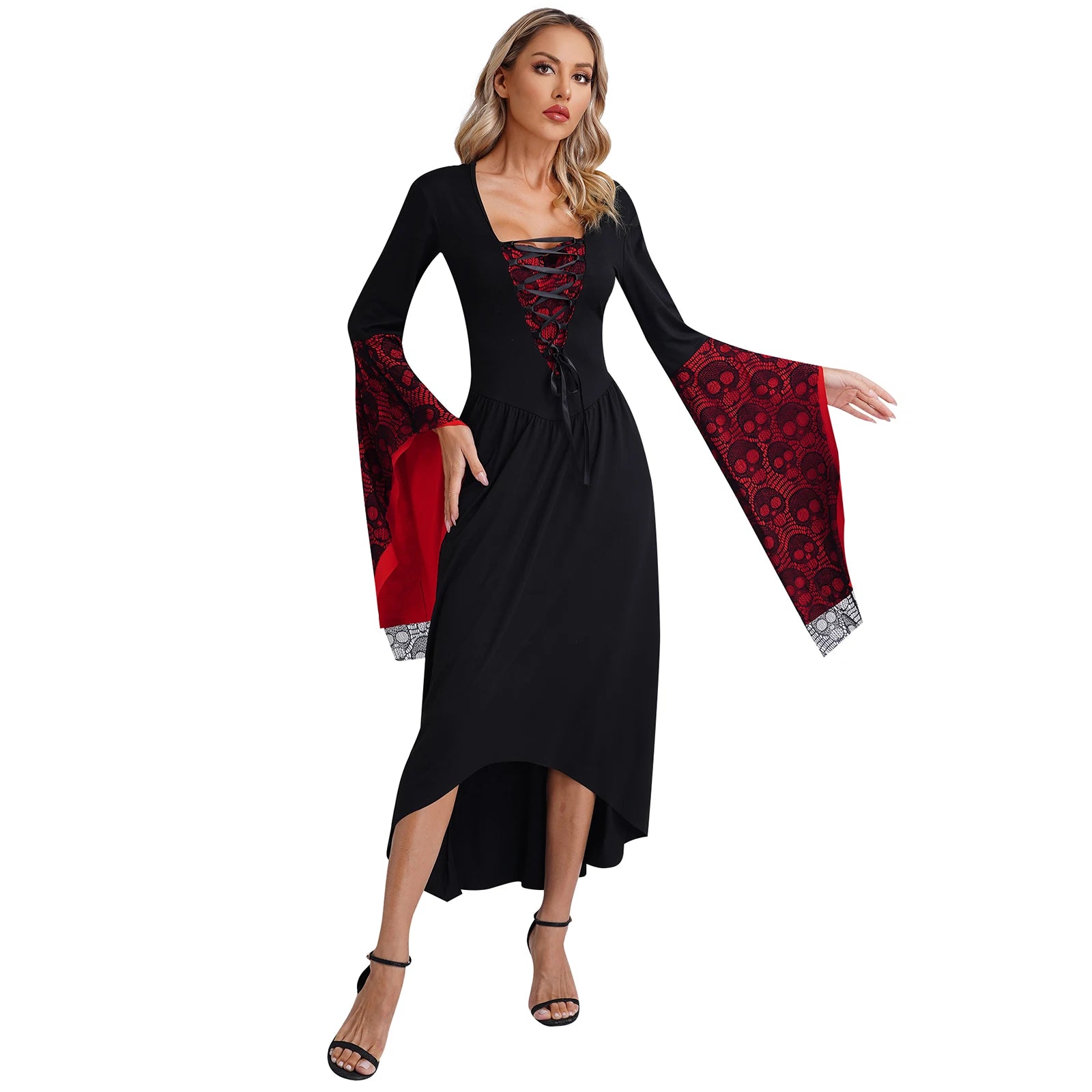 Womens Halloween Medieval Renaissance Cosplay Dress Flare Sleeve Skull Lace High-Low Hem Retro Witch Gothic - product image 2