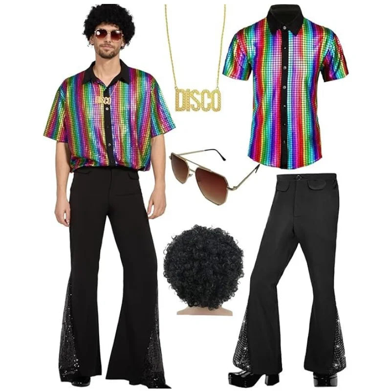 70s 80s Disco Costume For Men Retro Shirt and Bell Bottom Pants Set With Wig Sunglasses Necklace Halloween - product image 4