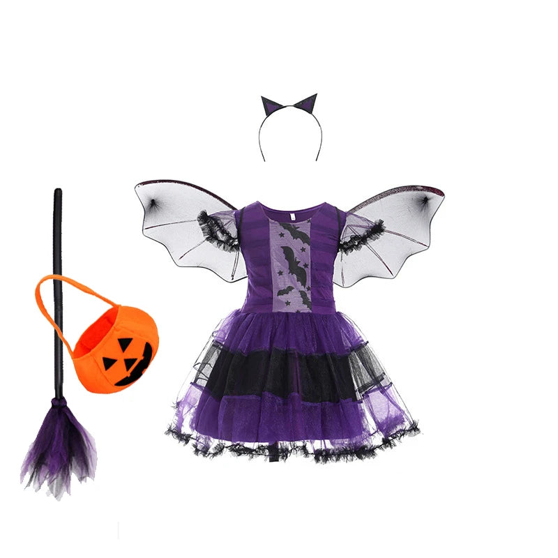 5 Styles Halloween Costume for Kids Girls Purple Bat Dress Halloween Fantasy Vampire - Brown / 5-6T(130)