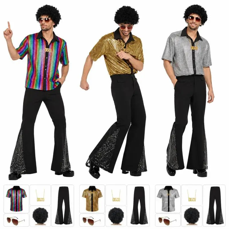 70s 80s Disco Costume For Men Retro Shirt and Bell Bottom Pants Set With Wig Sunglasses Necklace Halloween - product image 1