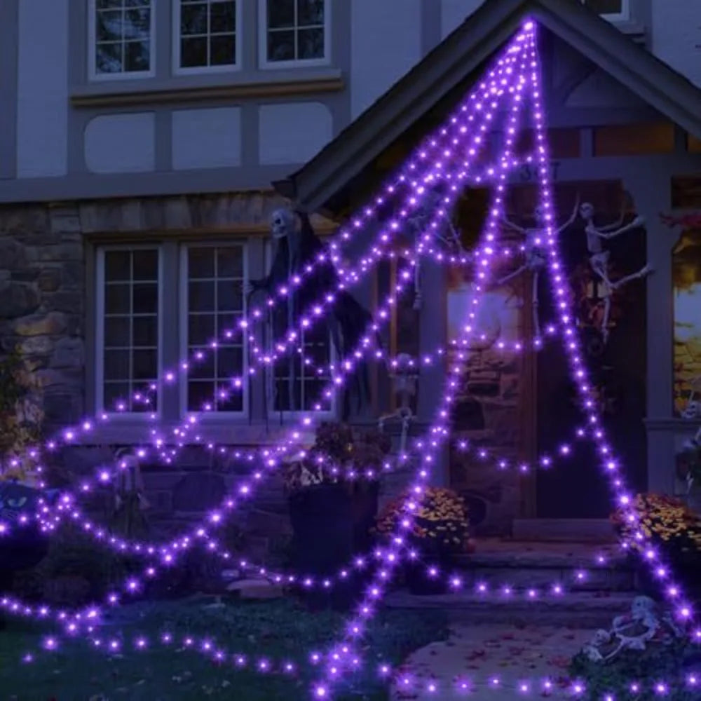 8 Modes Halloween Spider Web Lights Waterproof 250 LEDs LED Spider Net 16.4 Ft Big Scary Giant Spider Party