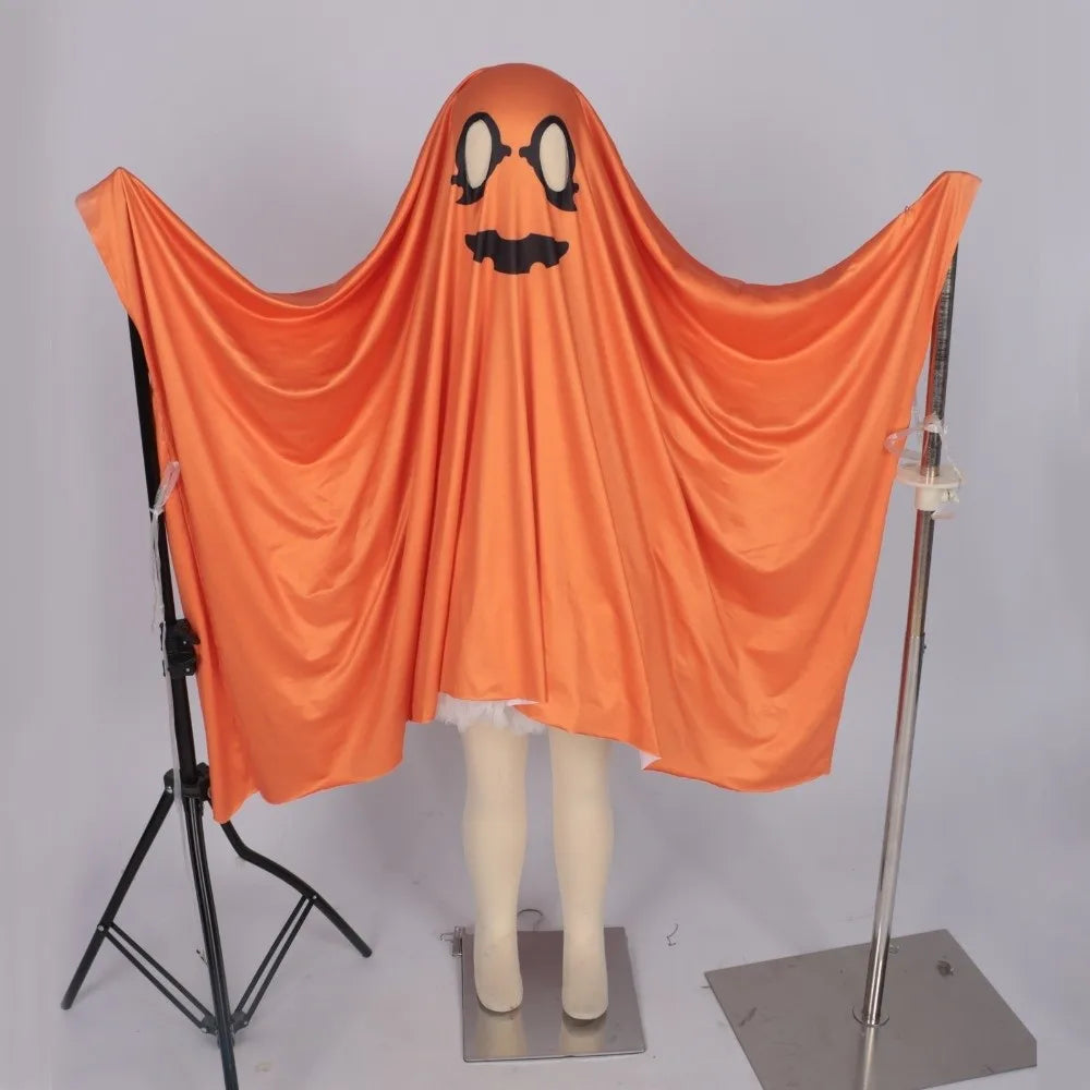 Ghost Poncho Costume – White or Orange Halloween Hooded Cloak
