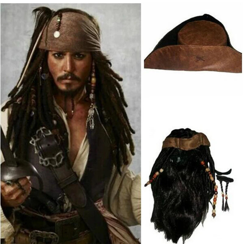 halloween costume for men adult pirate captain jack sparrow wigs hat pirates of the caribbean cosplay - product image 7