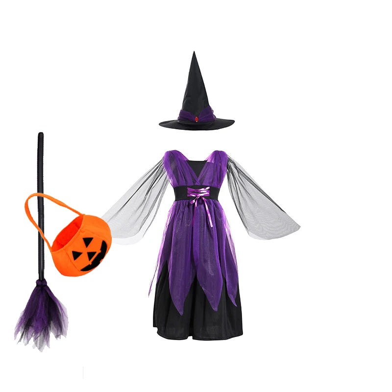 5 Styles Halloween Costume for Kids Girls Purple Bat Dress Halloween Fantasy Vampire - Brown / 7-8T(140)
