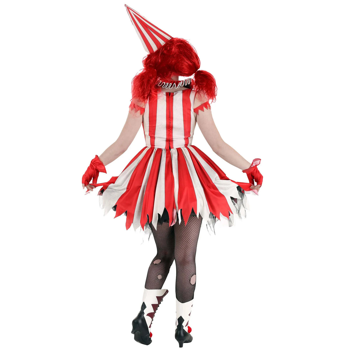 Women's Red & White Circus Clown Costume – Striped Dress & Hat