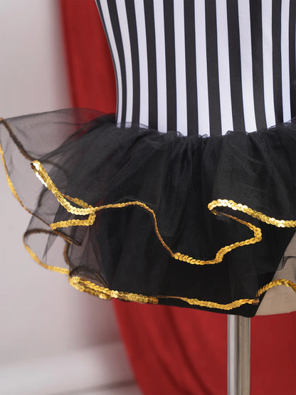 Kids Girl Halloween Circus Clown Costume Shiny Striped Tutu Leotard Ballet Gymnastics - Black A / 12