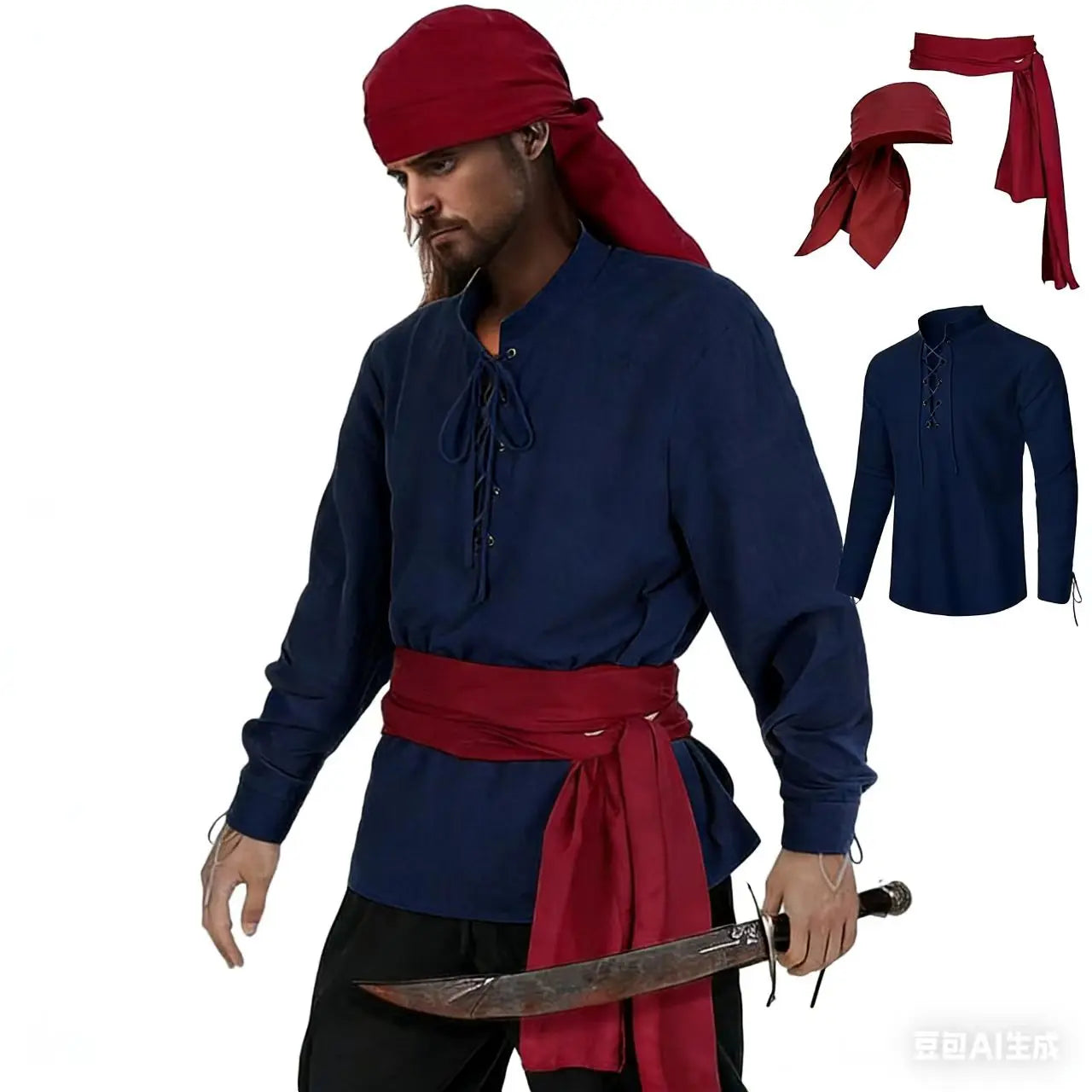 Mens Pirate 3 Pcs Costume Set Renaissance Pirate Shirt Medieval Costume Viking
