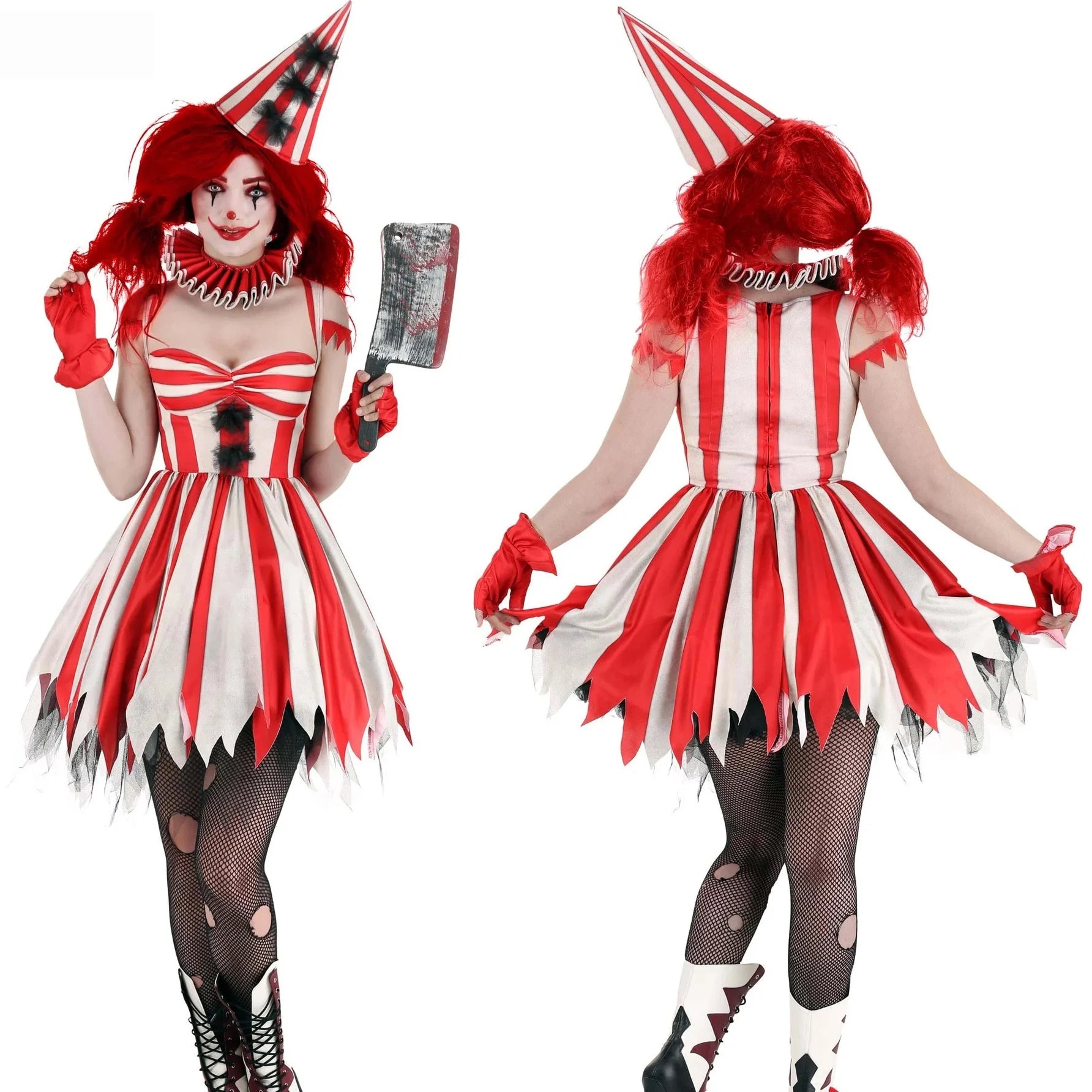 Women's Red & White Circus Clown Costume – Striped Dress & Hat