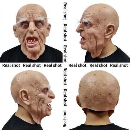 Realistic Horror Old Man Mask Latex Wrinkled Face with Crooked Teeth & White Eyebrows - View 2