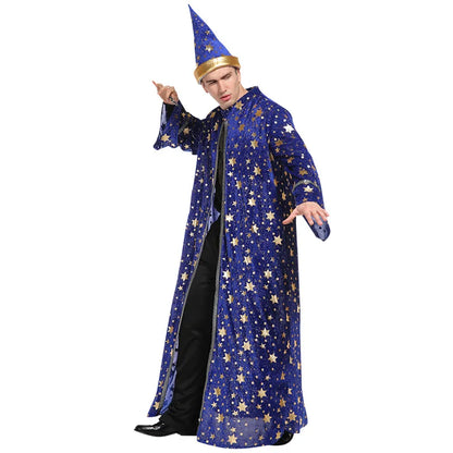 Adults Halloween Costumes Wizard Glittering Stars Robe Pointy Hat Costume Suit Fancy - Blue / M(Fit 175-190cm)