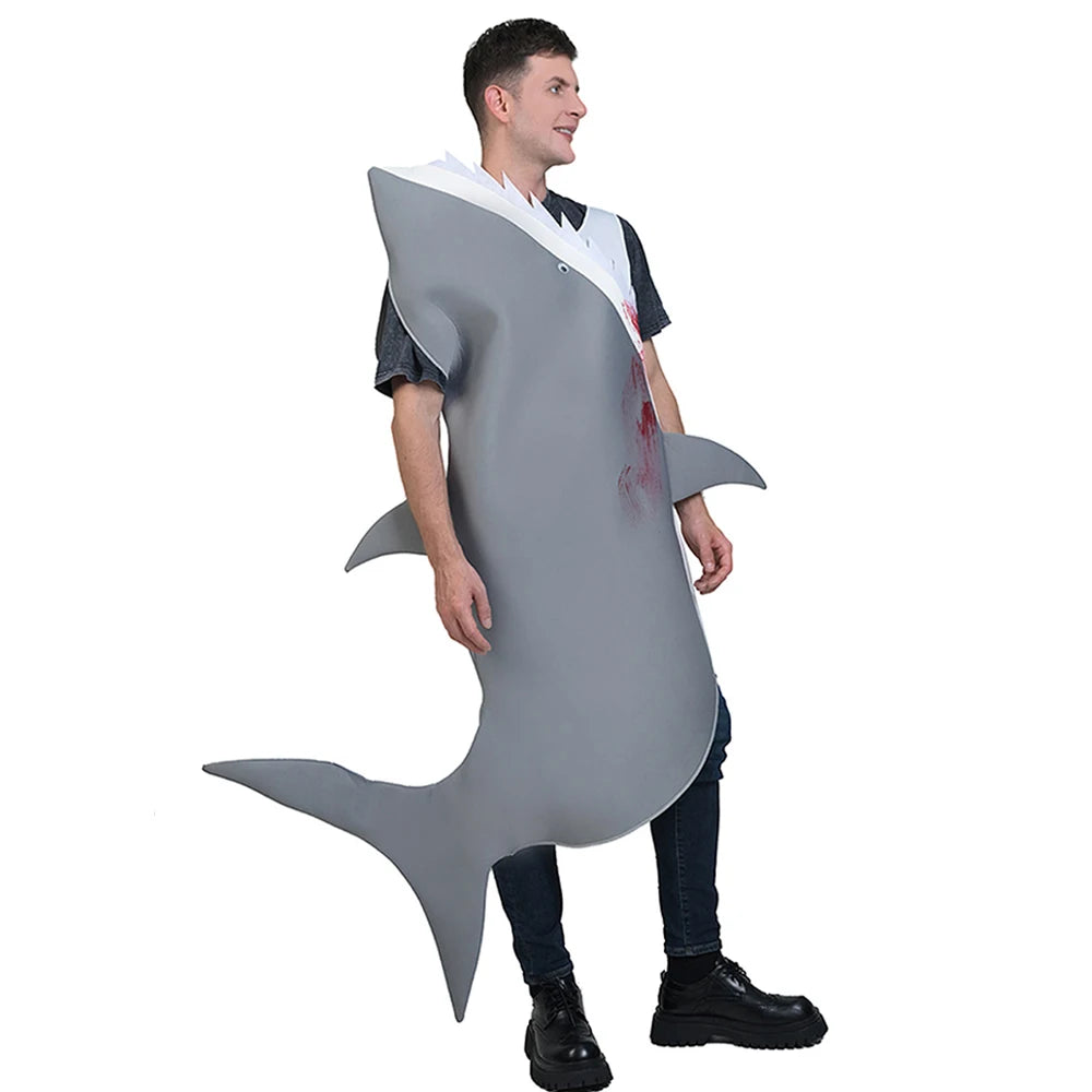 Shark Costume Jumpsuit Adult Underwater World 3D Foam Marine Creature Realistic Shark Swallowing Pullover Halloween Party Suit