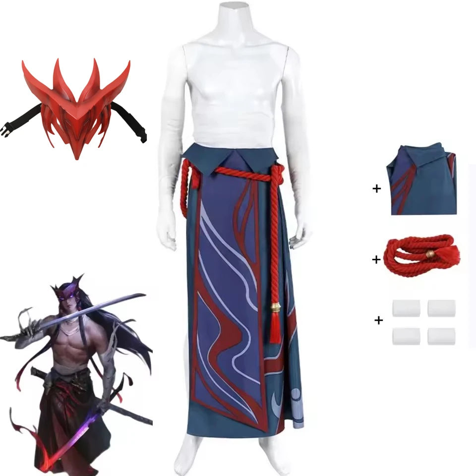 Game LOL Unforgotten Yone Costume Wig Skirt Strap Straps Uniform Full Set Adult Man - Costume Mask / XL