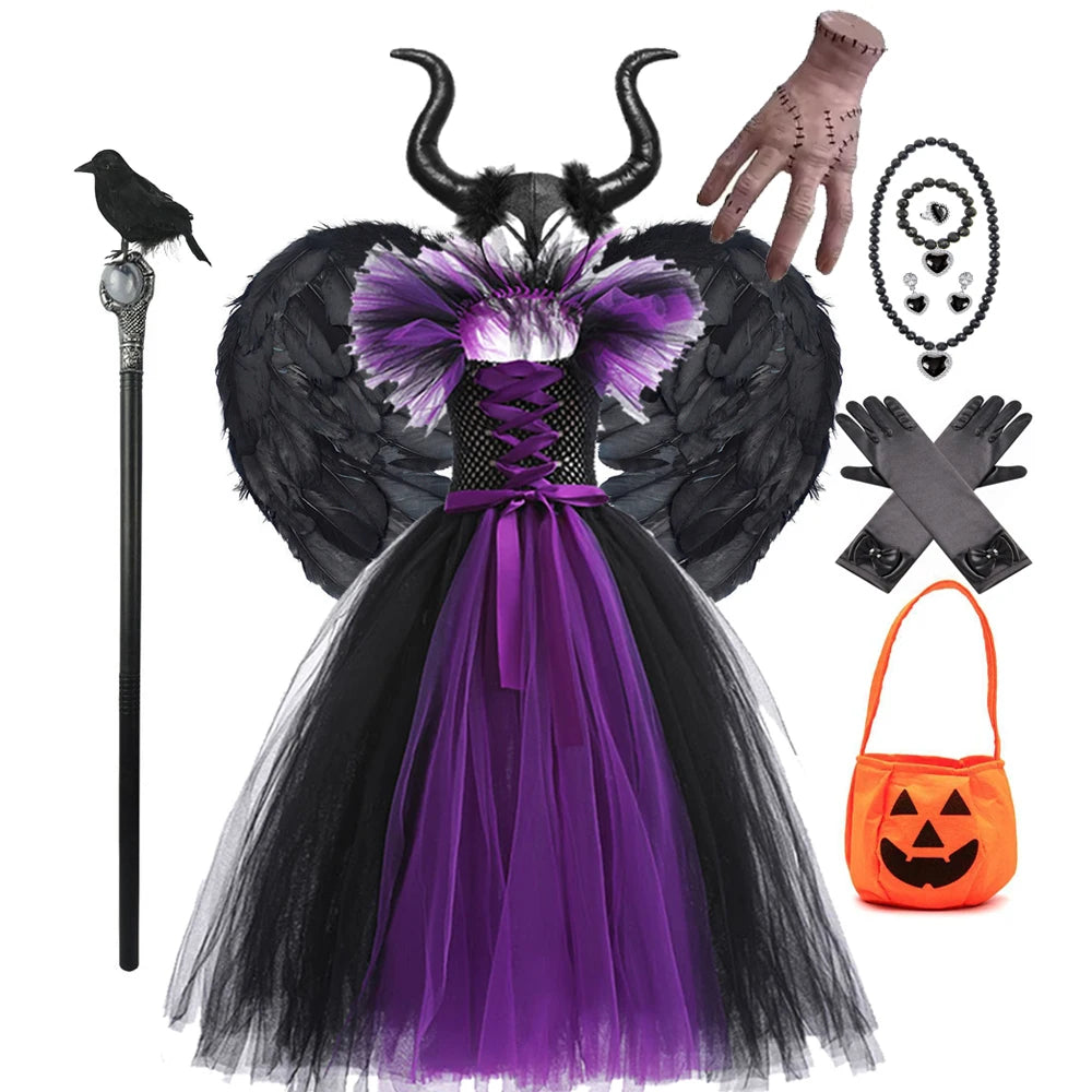 Kids' Apparel for 2025 Maleficent Tutu Dress Girl Evil Queen Witch Gown Costume