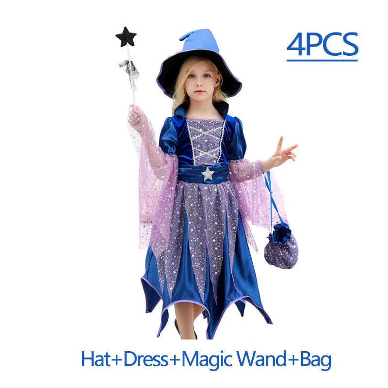Kids Halloween Witch Costume for Girls Evil Lovely Witch Vestidos Set Dress Hat Magic Wand - Dress 1 / 11-12T(160)