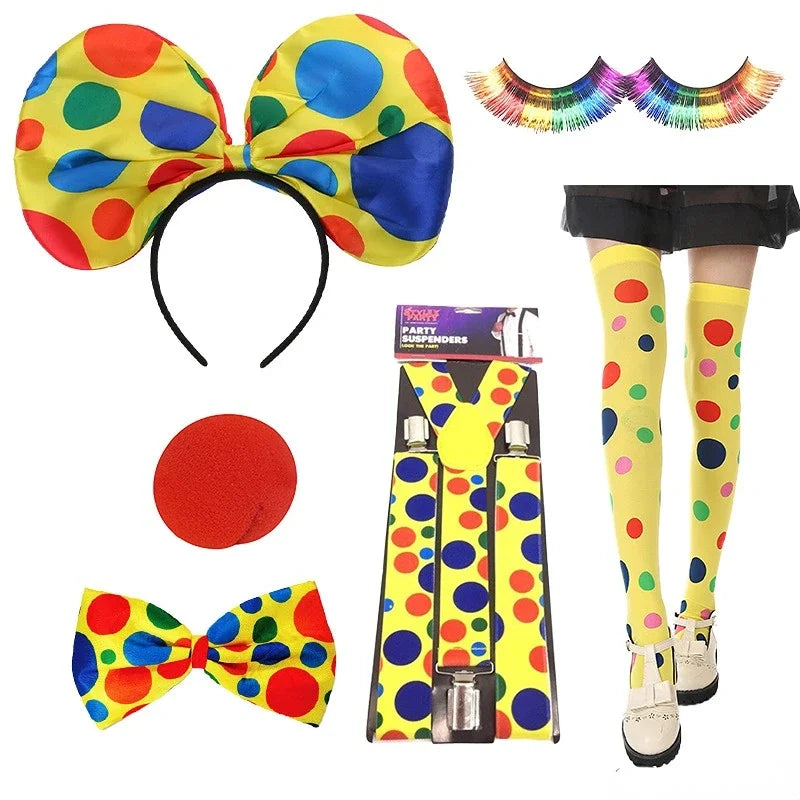 Clown Costume - Nose Wig Bow Tie Shoes Headband Gloves Hat Stockings and Vest Dress Up - 18 / One Size