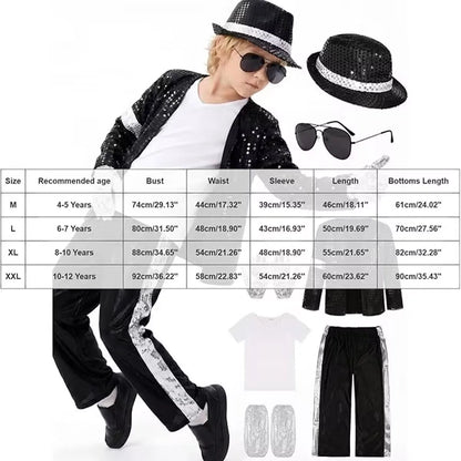 Kids 80s 90s Pop Star Dance Costume Set – Shiny Metallic Sequin MJ Style Role Play Outfit for Boys Girls Stage Party Halloween