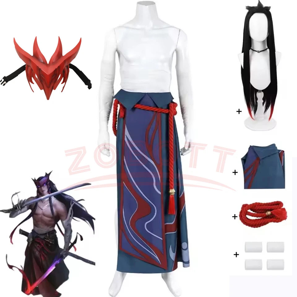 Game LOL Unforgotten Yone Costume Wig Skirt Strap Straps Uniform Full Set Adult Man - Costume Mask / L
