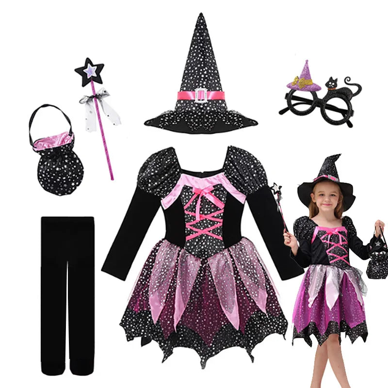 Kids Halloween Witch Costume for Girls Evil Lovely Witch Vestidos Set Dress Hat Magic Wand - Dress 2 / 4T(TAG 120)