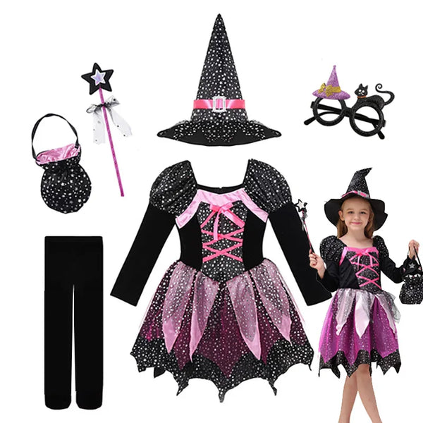 Kids Halloween Witch Costume for Girls Evil Lovely Witch Vestidos Set Dress Hat Magic Wand - Dress 2 / 4T(TAG 120)
