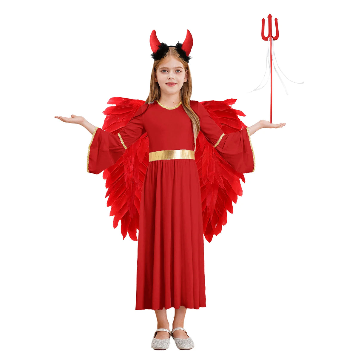 4Pcs Girls Angel Costume Outfits White Long Sleeve Dress with Feather Wings Hairband