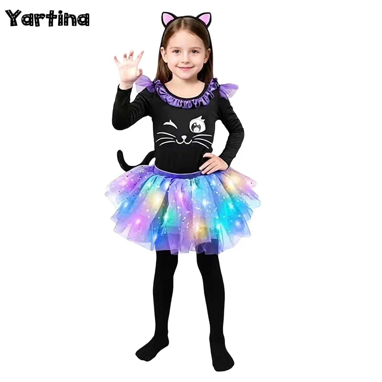 Girls Halloween Costume Sleeve Bodysuit with Mesh Ruffled Layered Tutu Skirt Headwear Faux
