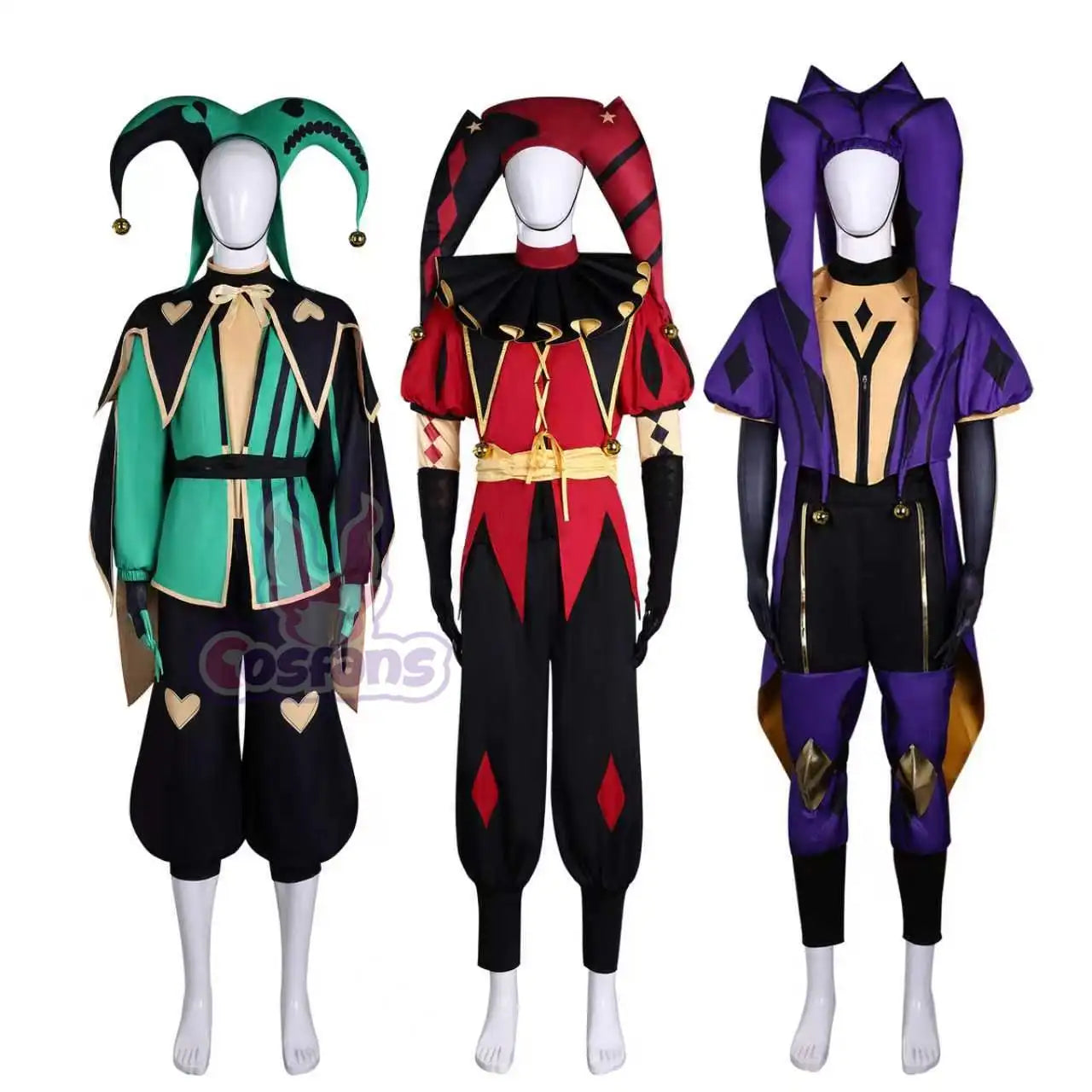 The Freak Circus Pierrot Jester Harlequin Costume Clown Purple Red Green Uniform Hat Man - jester / M