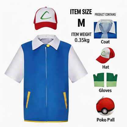 Men Anime Trainer Costume Ash Ketchum Adult for Madam Halloween Women Blue Jacket Cap and - Full Set 5pcs / XXL