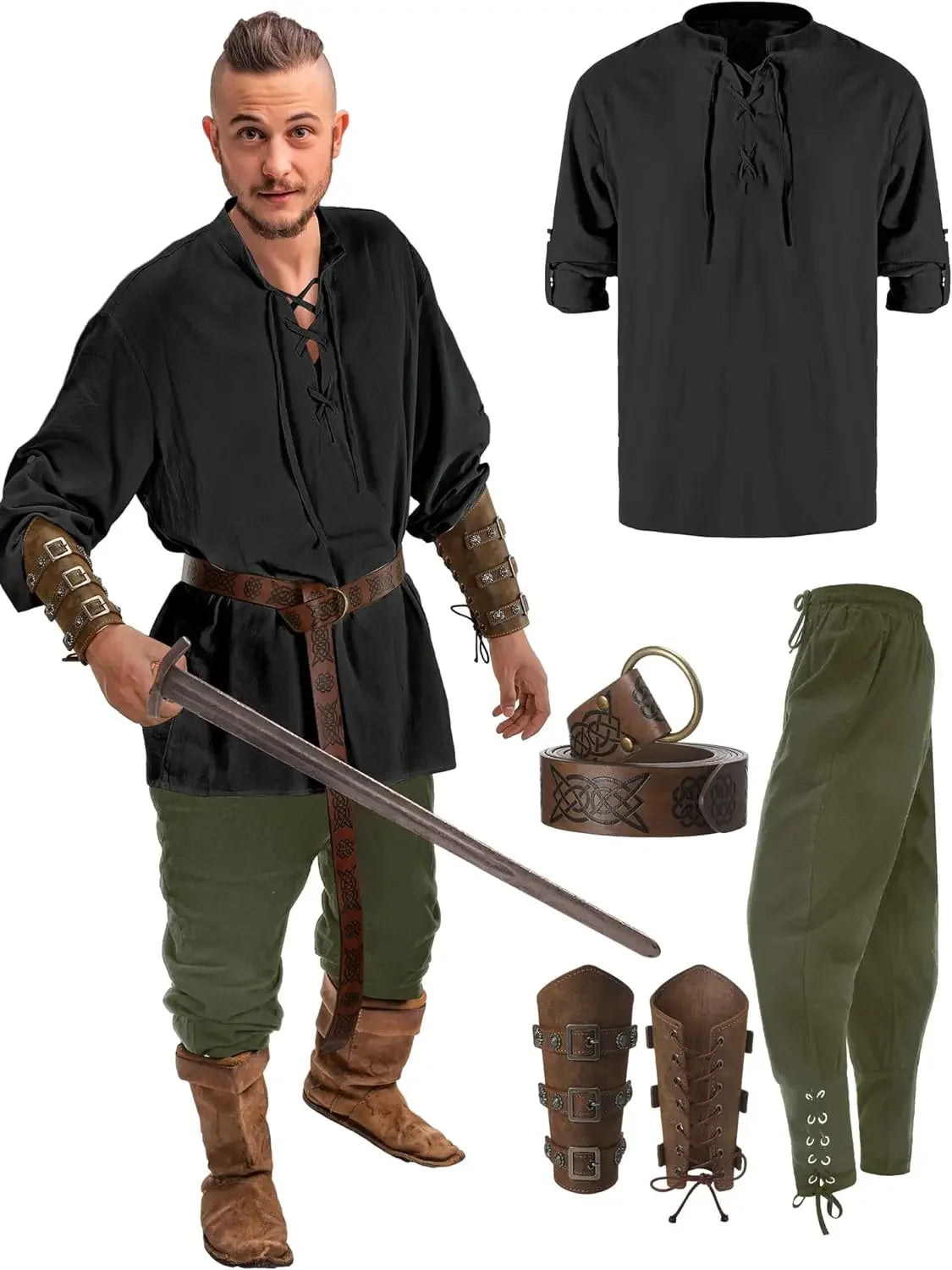 4 Pcs Men's Renaissance Costume Set Medieval Pirate Shirt Ankle Banded Pants Viking