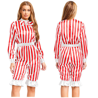 Women's Halloween Wicked Clown Circus Costume Vintage Rompers Bow Sleeve Bloomers Pants - Red Black / L