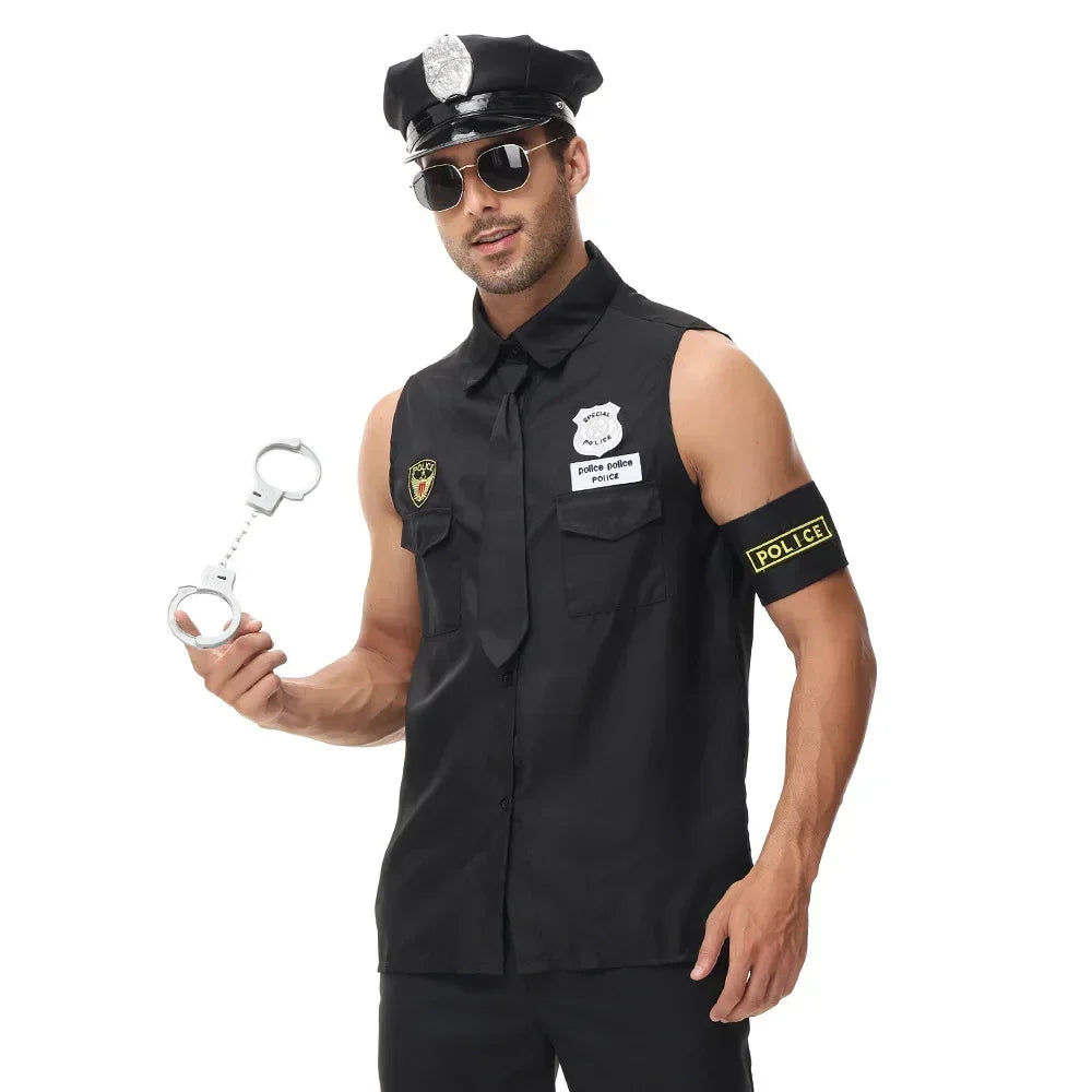Adult Man America U.S Police Costume Top Shirt Men Cop Costume Halloween Set - Blue-(With Baton) / L(height 66.9–70.9 in (170–180 cm))