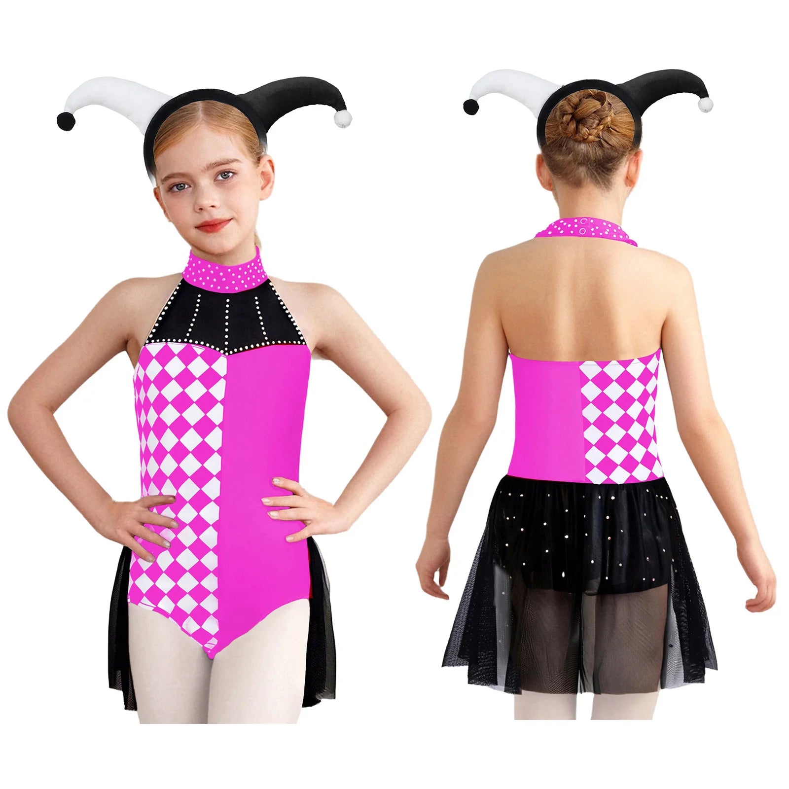 Girls Halloween Circus Clown Costume Performance Costume Sleeveless Rhinestone Mesh Dance - Black / 10