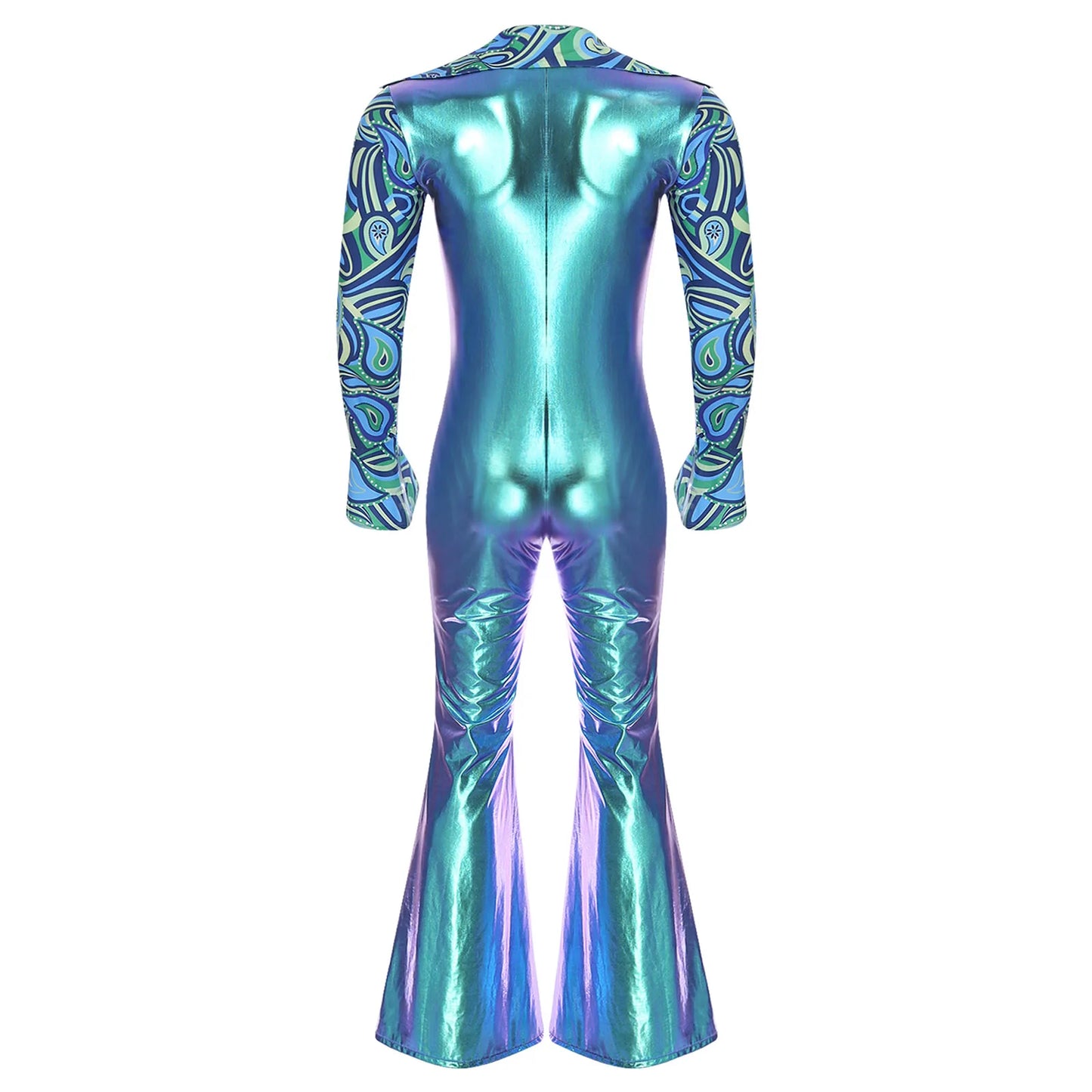 Men Hippie Costume Retro Disco Jazz Dance Jumpsuit Lapel V Neck Flare Sleeve Bell Bottom - Blue / S